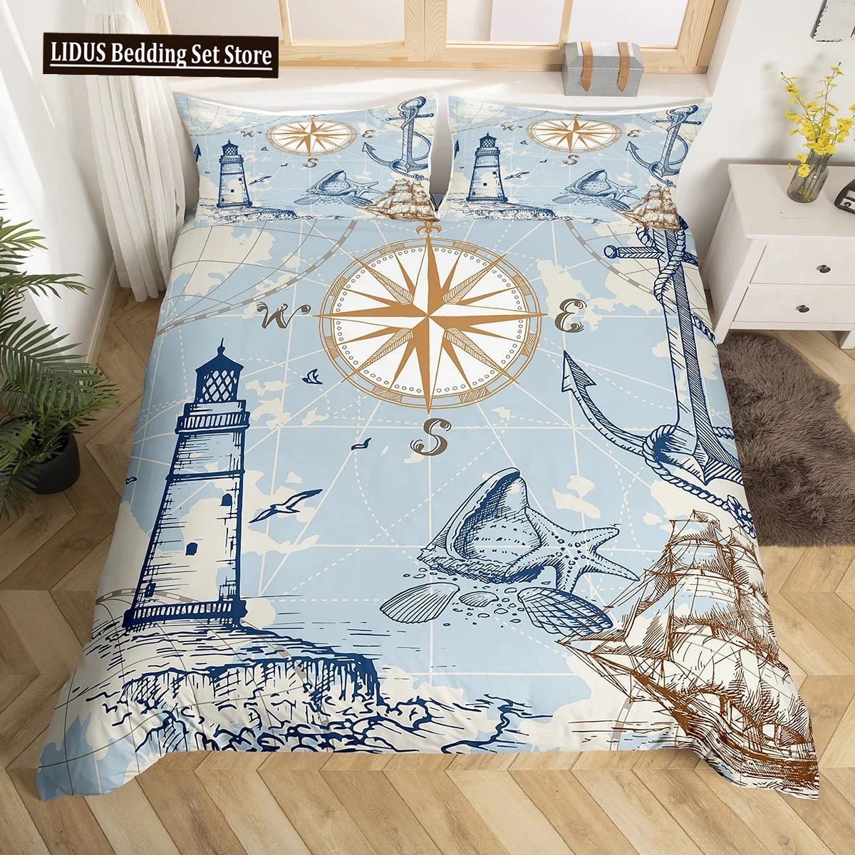 

Nautical Anchor Duvet Cover Set Vintage Sail Boat Lighthouse Bedding Set Conch Starfish Seashell Ocean Wave Comforter Cover King