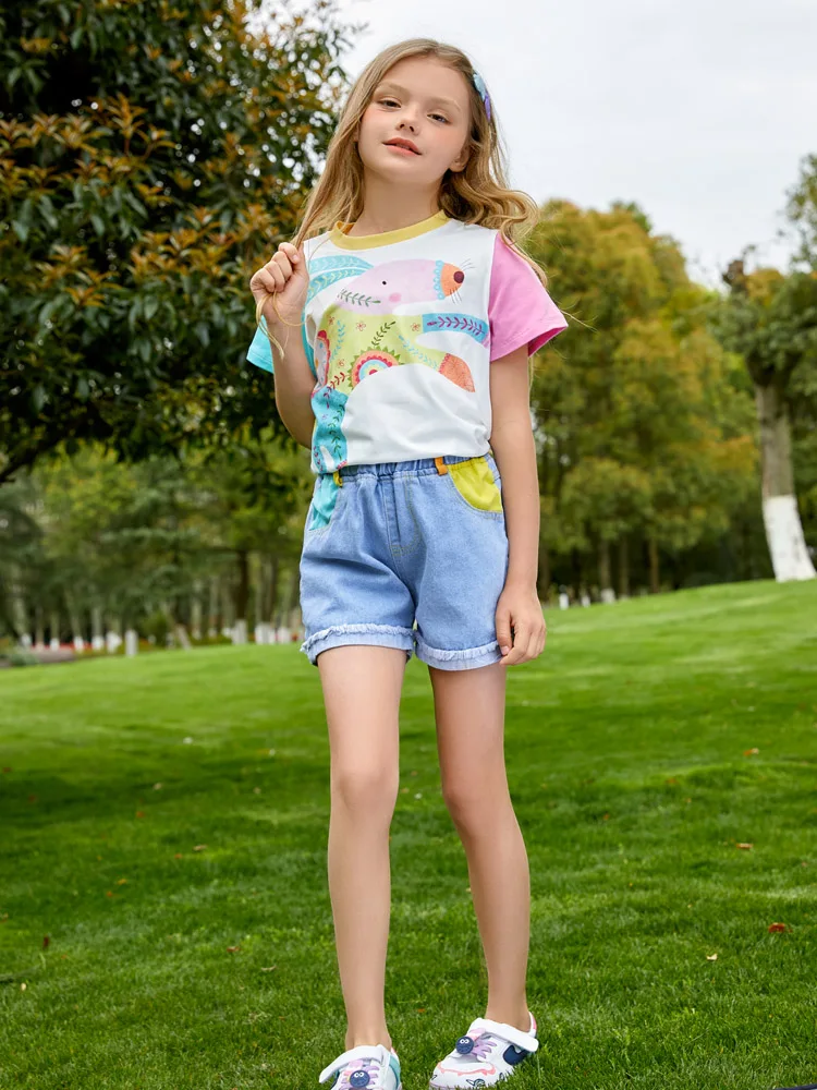 Girls Printed Cute  T-shirt  and Blue Denim Short