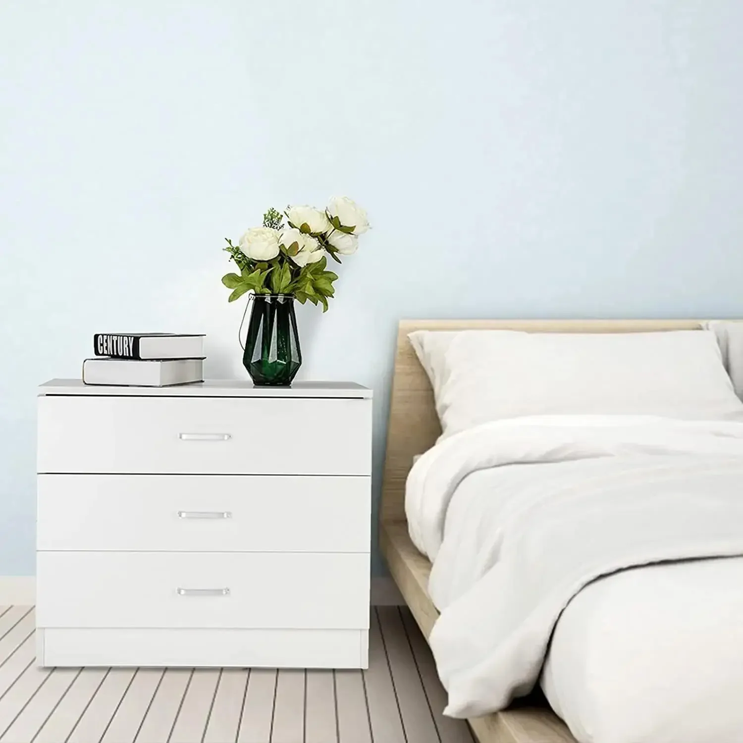 Bedroom Storage durable Dresser 3 Drawers with Cabinet Wood Furniture White for Kid Room