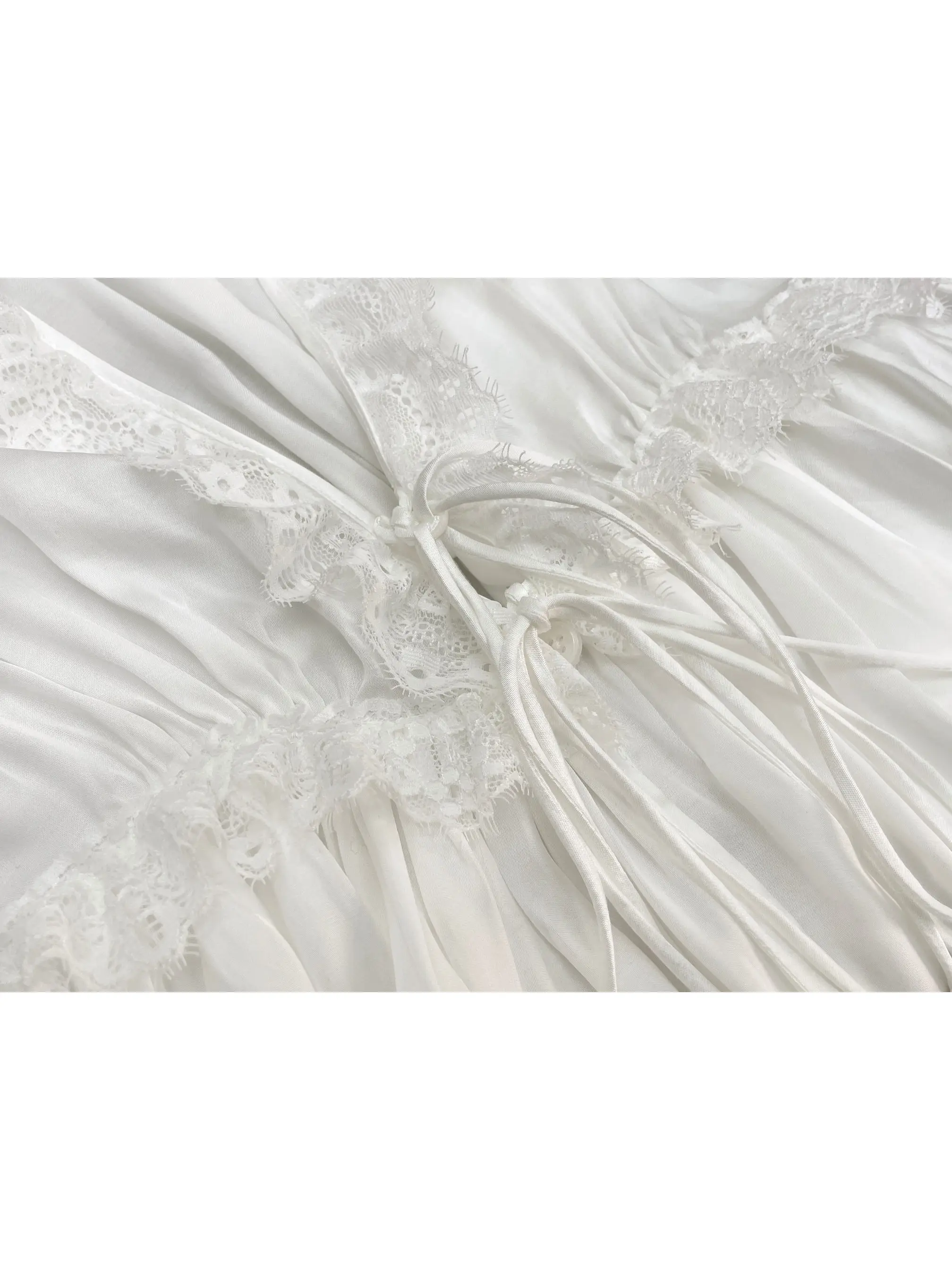 White Lace Trim V-Neck Women's Vest Drawstring Design Slimming Anti-Aging Versatile Style Commute Wind Loose Fit Outerwear