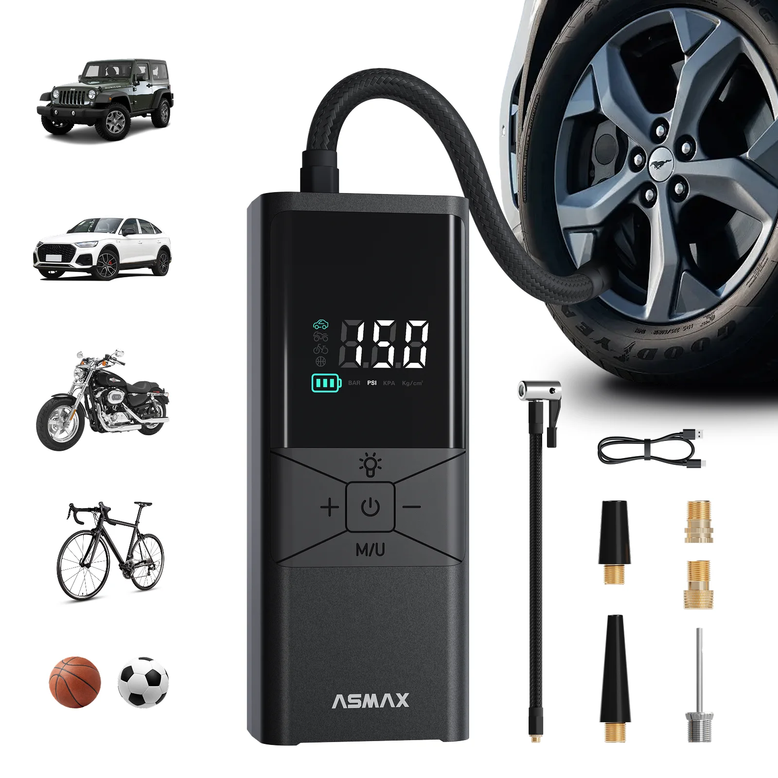 

ASMAX T40 Портативный автомобильный компрессор, беспроводной насос 150 PSI для шин, цифровой дисплей, автоотключение, быстрая накачка для мотоциклов, велосипедов и мячей