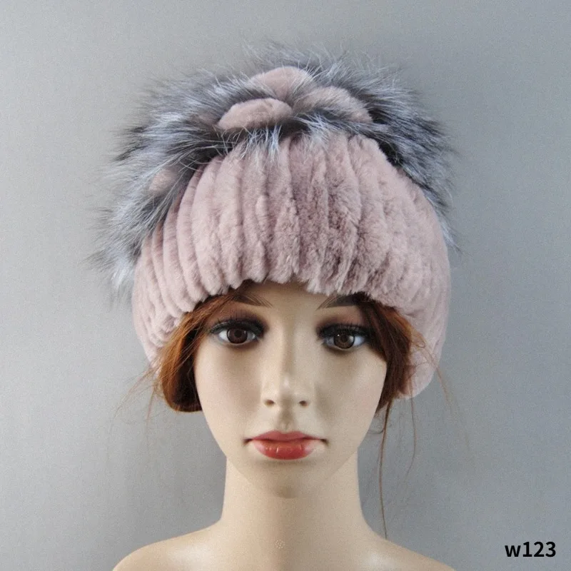Women's Winter Fur Hat Natural Fur Knitted Real Rex Rabbit Fur Hats New Style Luxury Women Winter Silver Fox Fur Hat beanies