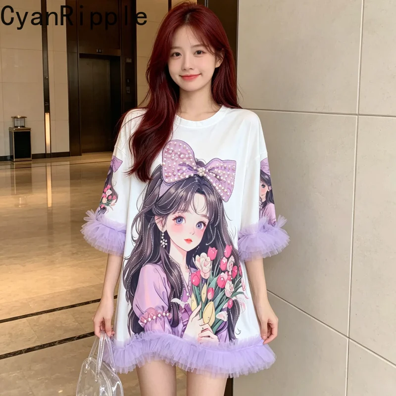 

Cartoon Printed Sweet Princess Dress Elegant Lace Half Sleeve Round Neck Pullover Top Beading Mid-long Students Casual T-shirt