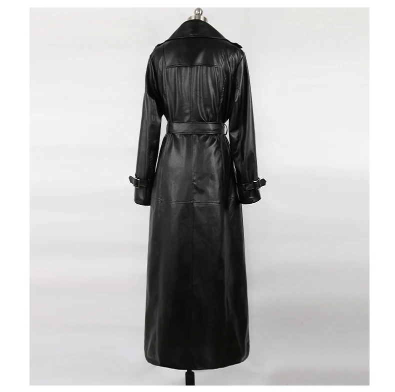 Mauroicardi Spring Autumn Waterproof Black Soft Pu Leather Trench Coat for Women Belt Double Breasted Floor Length Overcoat 2025