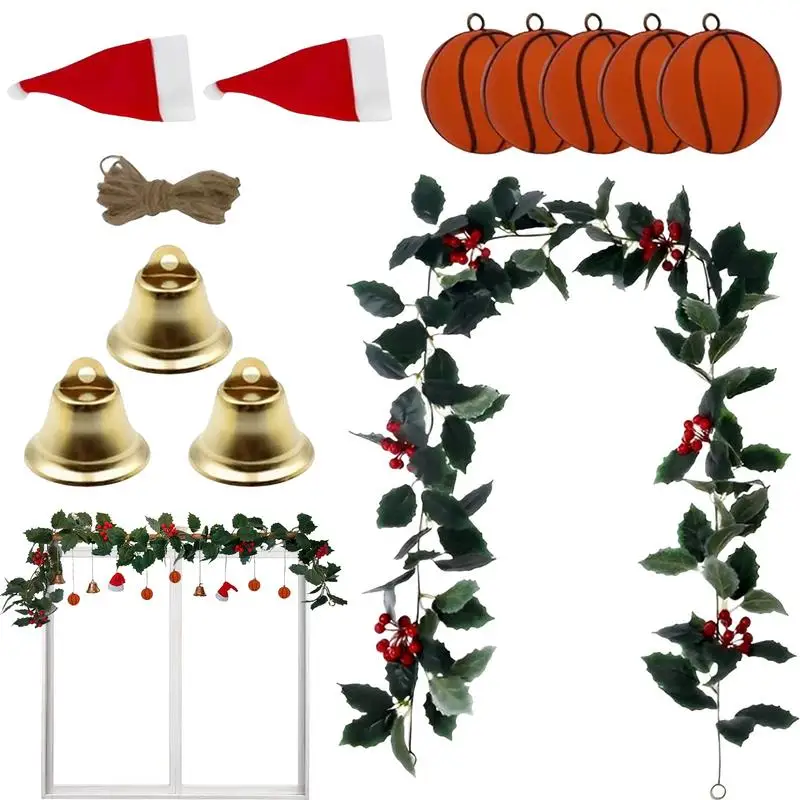 Christmas Green Garland Artificial Front Door Decorations With Santa Hat Bells Balls Ornaments 175cm/5.7ft Garland Craft Kit Red