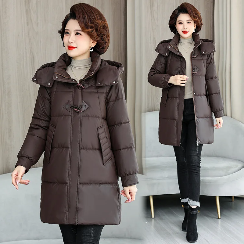 Middle Aged Mother Women Jacket Winter New PU Leather Down Cotton Coat Female Hooded Parkas Warm Mid Long Outerwear Overcoat