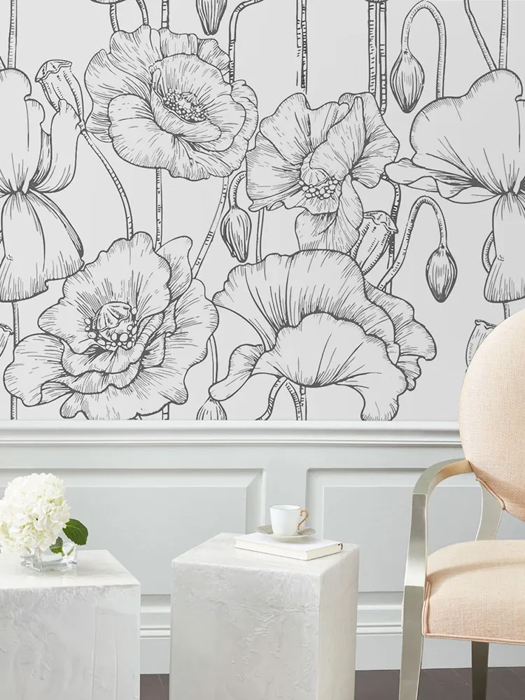 Customized wallpaper modern hand-painted black and white lines lotus leaf wallpaper homestay guest restaurant floral mural