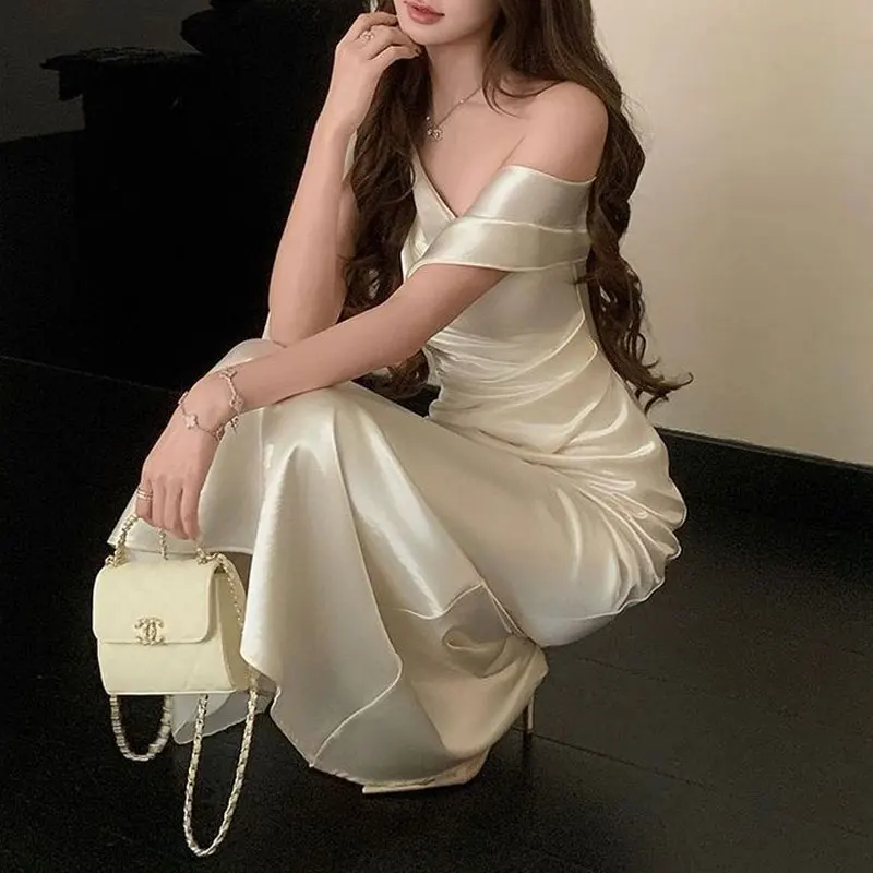 Women One Shoulder Satin Mermaid Maxi Dress Draped Ruched Long Ribbon Bodycon Evening Party Formal Wedding Guest Gown Long Dress