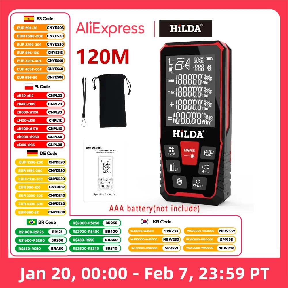 HILDA Laser Distance 50M/100M/120M Rangefinder Profesional Meter Laser Range Finder Ruler Test Tool