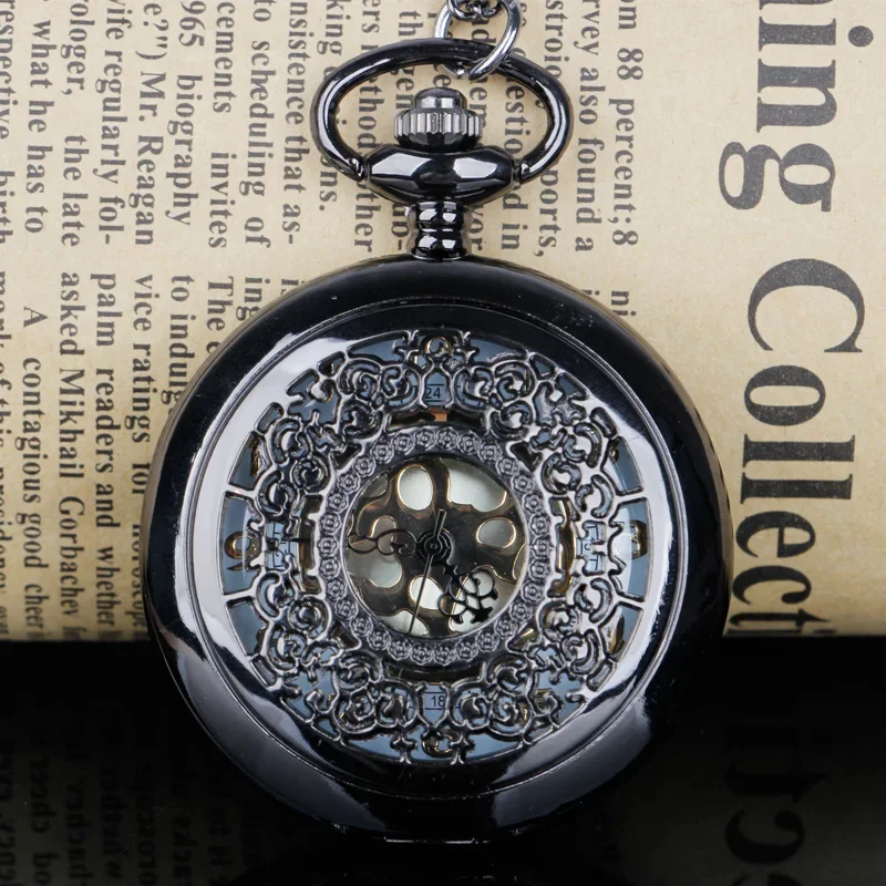 

Black Pocket Watch Pattern Hollow-Out Embossed Arabic Digital Quartz Pocket Watch Necklace Pendant Clock Fob Chain Accessories