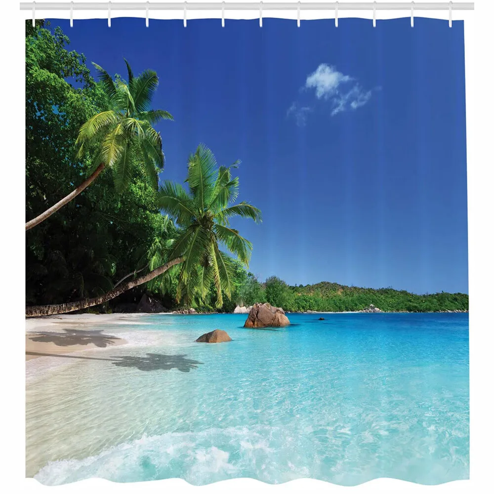 Tropical Beach Shower Curtain Summer Seaside Scene Ocean Island Palm Tree Bathroom Decorations Curtain  Waterproof