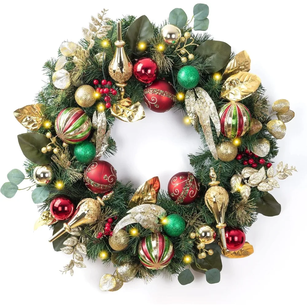 

Pre-Lit Christmas Wreath for Front Door with Lights, 30 Inch Large Lighted Christmas Wreath with Red Green Gold