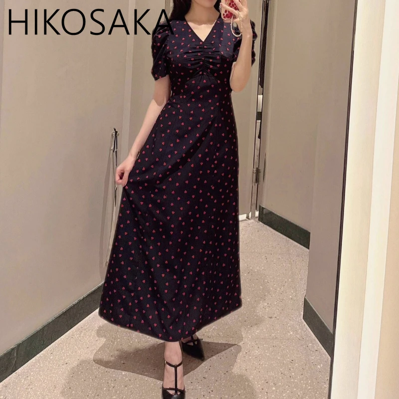 

Japanese Sweet Love Heart Print Dress V-neck Slim Waist Puff Sleeve Robe Female Elegant A-line Summer Vintage Vestidos Moda