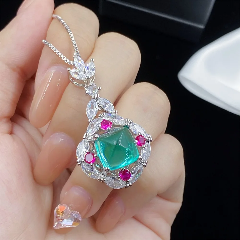 High-end new 925 pure silver hollow green sugar pendant women's open ring long earring set