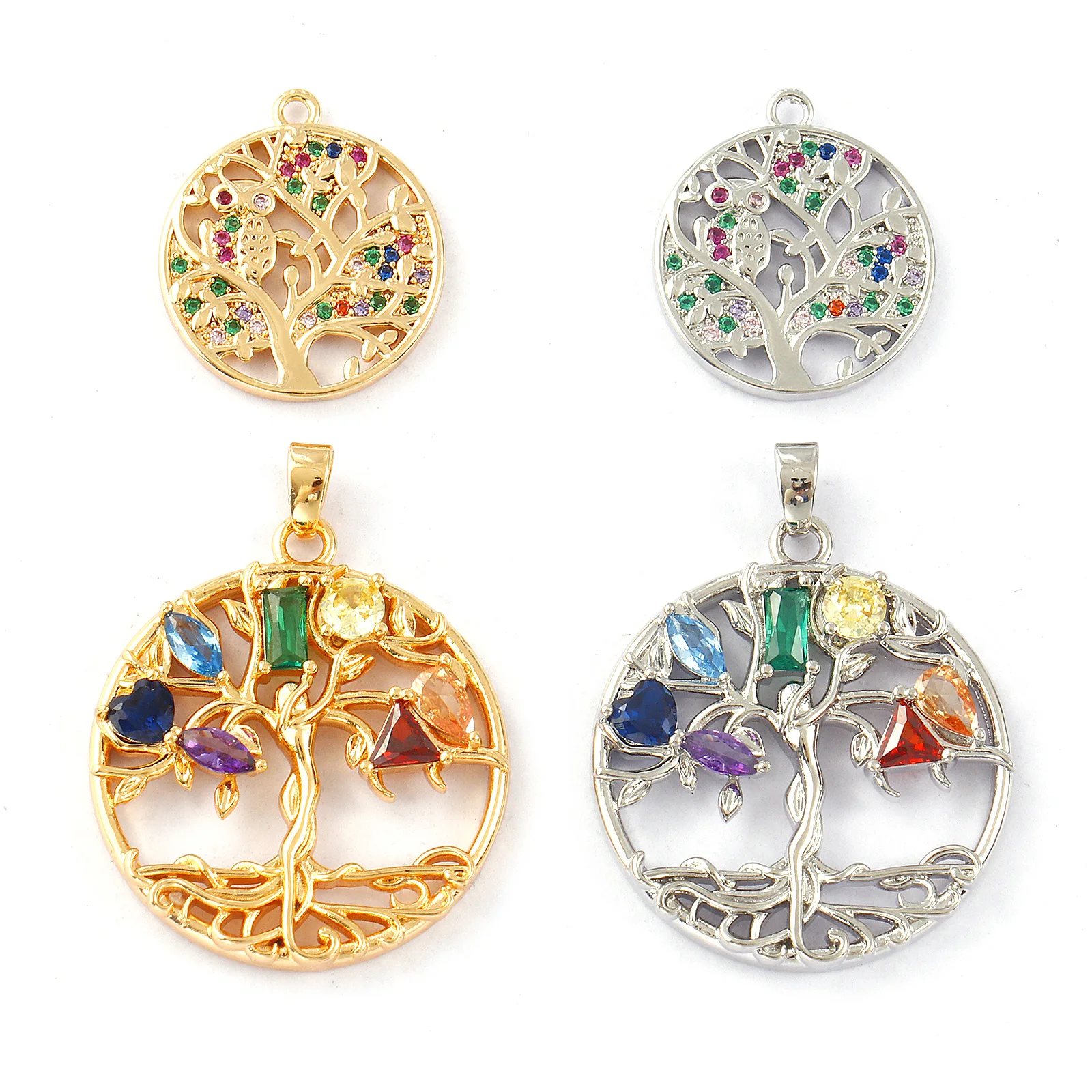1pc Brass Charms Gold Color Round Tree Micro Pave Multicolour Cubic Zirconia Pendant DIY Necklace Women Party Jewelry Findings