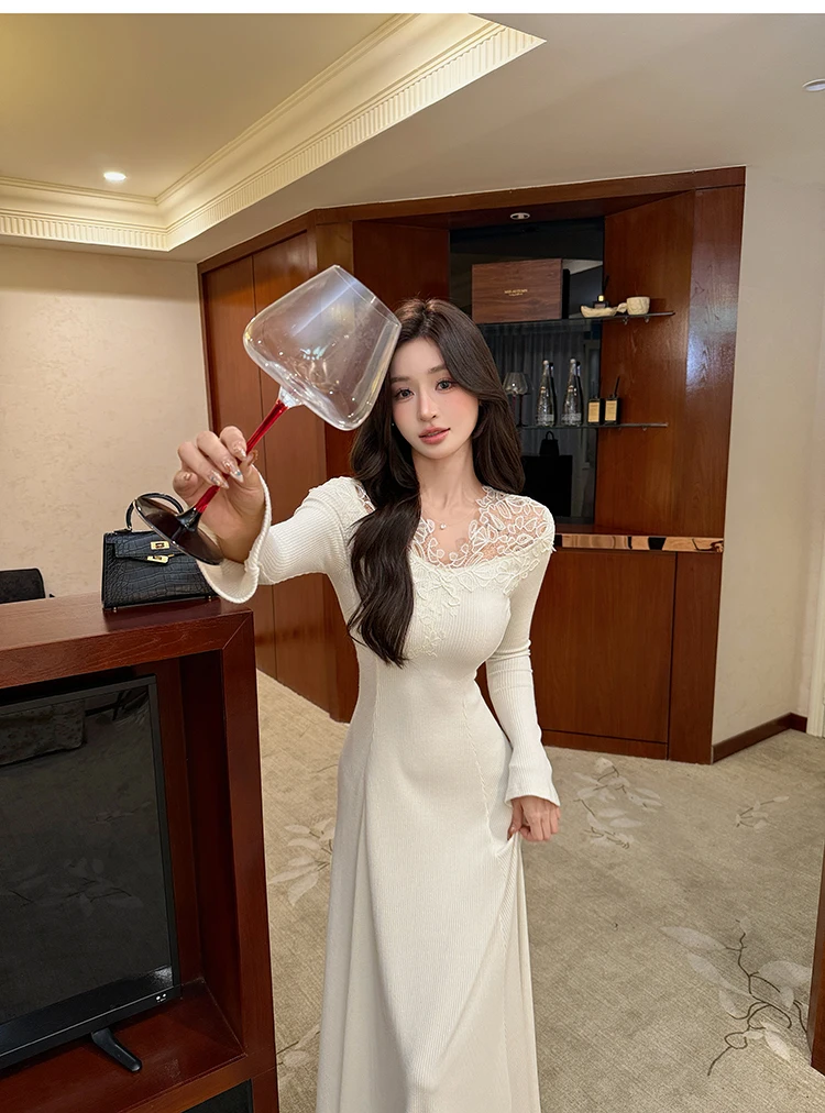 2026 Unknown Snow Gentle Atmosphere Lace Embroidery V-Neck Knitted Dress Slimming A-Line Long Skirt Soft Feminine Style