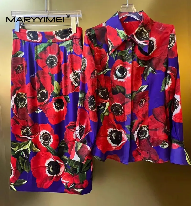 MARYYIMEI Spring Summer Fashion Silk Women\'s Suit Long sleeved Shirt top＋Red anemone print skirt silk Commuter Two Pieces Set