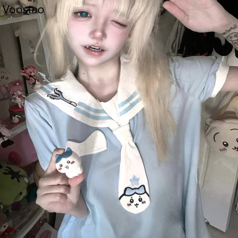 اليابانية الحلو لوليتا تي شيرت المرأة لطيف بحار طوق الكرتون طباعة Kawaii فضفاض القمم Y2k الجمالية الفتيات Harajuku الجنية تيز