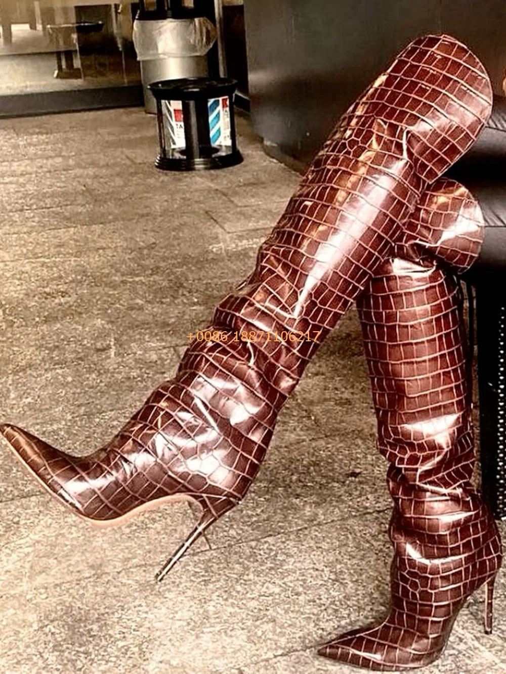 Sexy Crocodile Pattern Party Women's Boots 2024 New Pointed Fashion Ladies Over Knee Model Catwalk Boot Street Casual Stilettos