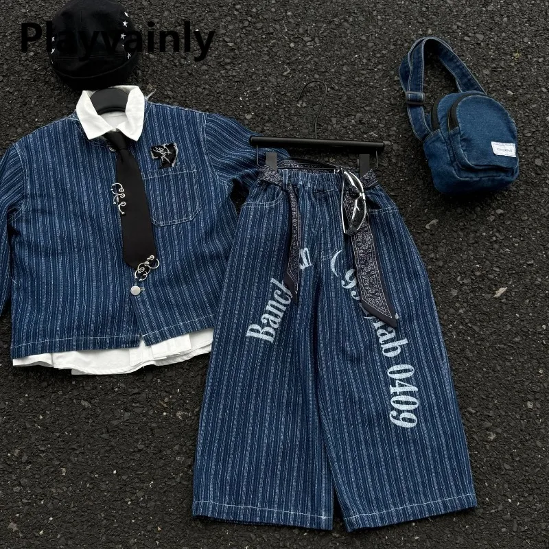 

Children Fashion Denim Sets Spring Autumn Boys Girls Korean Style Coats+Letter Stripe Loose Wide Leg Jeans Kids Clothes A0811