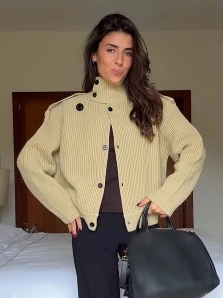 

HH Women Winter New Fashion Versatile Turtleneck Knitted Cardigan Jacket Female High Street Casual Single Breasted Textured Coat