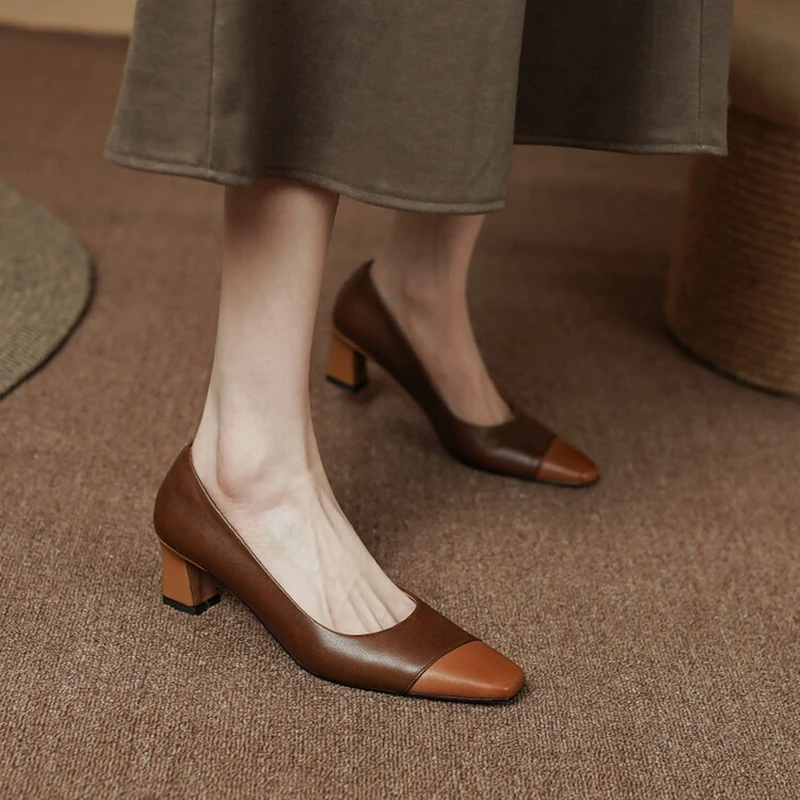 NEW Spring/Autumn Women Shoes Square Toe Chunky Heel Women Pumps Genuine Leather Shoes for Women Elegent Mixed Colors Cute Shoes