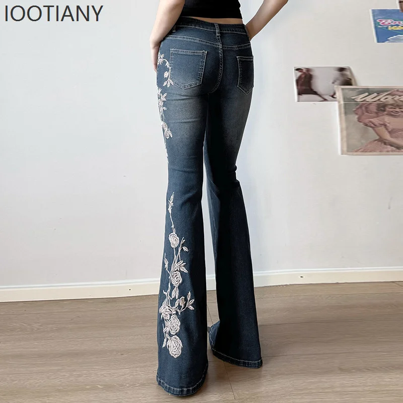 Y2k Women's Jeans Rose Embroidery Hot Girl Bell-bottom Pants Retro Gradient Low-waist Slim-fit Street Style Unique Trousers