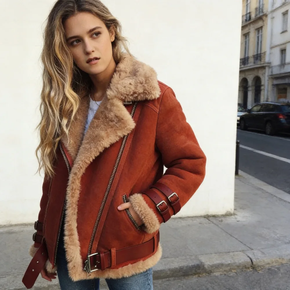Winter Women Suede Lamb Jacket Short Coat Vintage Punk Motorcycle Coats Warm Thick Faux Fur Lambswool Fleece Jackets Outwear