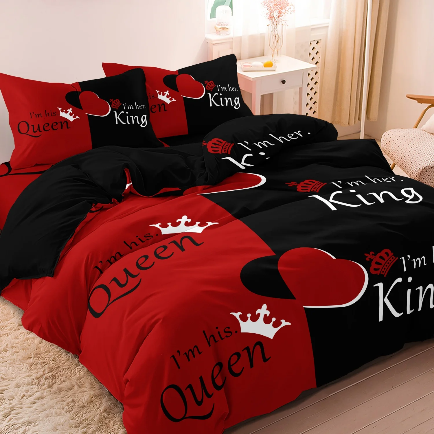 

Dark Red And Black Three-Piece Bedding Set Featuring Printed English Letters on The Duvet Cover And Pillowcases.