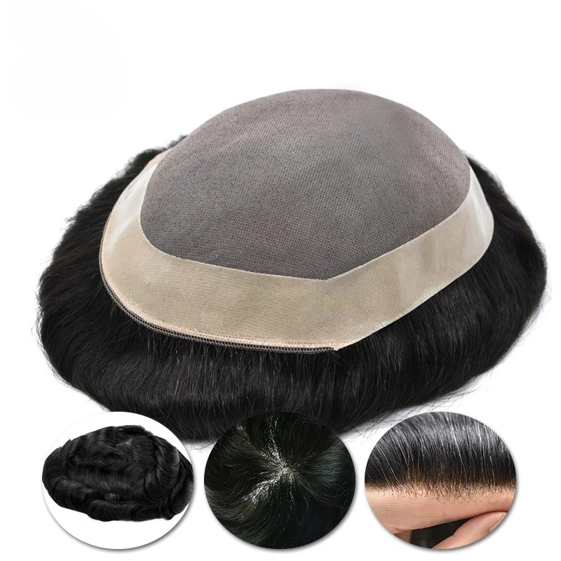 Fine Mono Toupee Man Wig Human Hair Capillary Male Hair Prosthesis 100% Natural Wig Mens Hair Replacement System Unit Wig Man