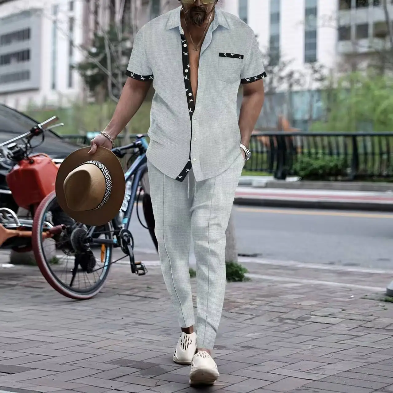 

Men's Summer Sport Casual Short Sleeve Shirt And Long Pants Two-Piece Set Spring Cross-Border Fashion Comfortable Clothing