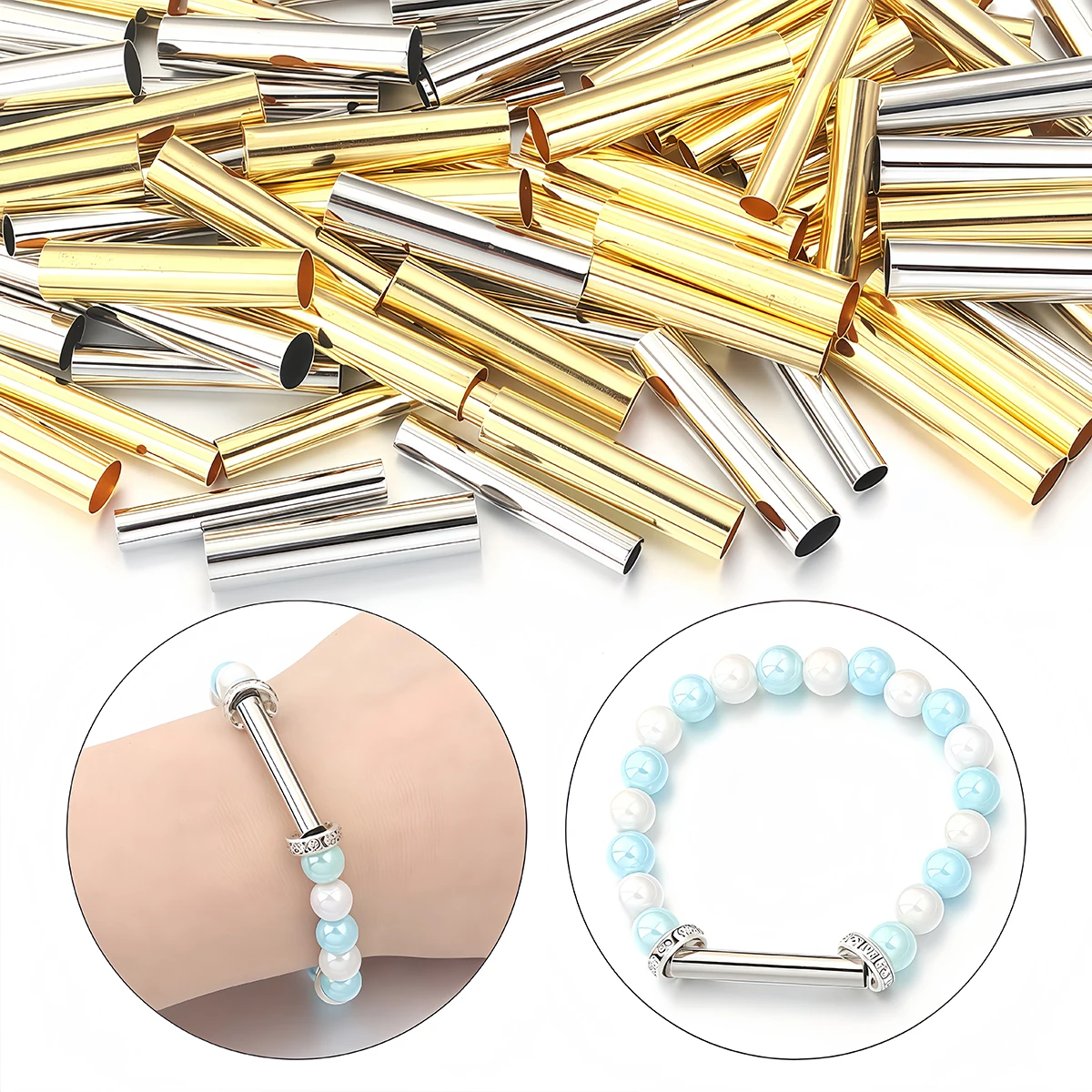 50/100PCS Copper Hollow Tube Spacer Beads Connectors Straight Bead for DIY Bracelet Necklace Jewelry Making Finding Accessories image 3