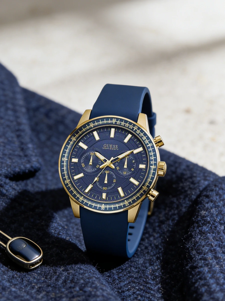 Reloj Deportivo GUESS para Hombre, Tono Dorado, Esfera Azul Marino, Bisel de Silicona Texturizada, Multifunción, Cuarzo, Lujoso, Regalo para Fiestas y Festivales de Música