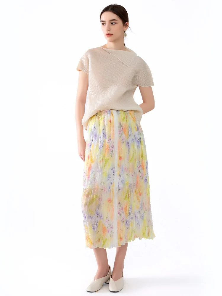 Dreamy Watercolor Floral Miyake Pleated Midi Skirt, Lightweight Wrinkle-Resistant Women's Casual Daily Vacation Beach Bottoms