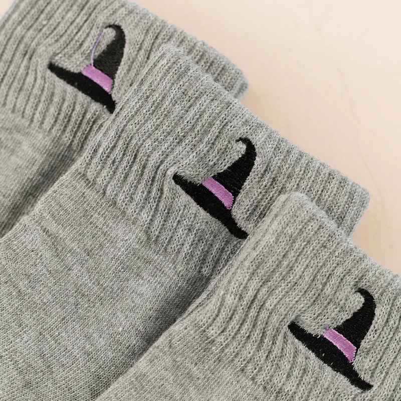 3 Pairs Of Seasonal Trendy, Cool, And Quirky Halloween Magic Hats With Embroidered Patterns, Versatile Gray Midsole Socks