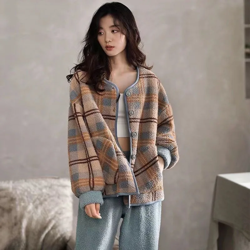 2023 New Coral Velvet Pajamas Women Autumn Winter Loungewear Velvet Padded Loose Sleepwear Plus Size Homewear Flannel Suit