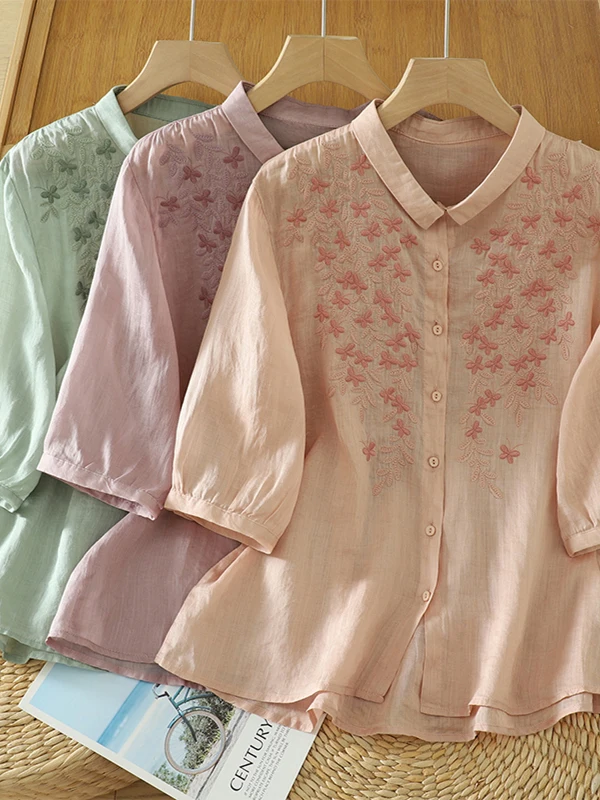 كتان مطرز غير رسمي irt رقيقة ort Sve بدوره إلى أسفل طوق زر متابعة المرأة حجم كبير الصيف irt الفني Sle #1