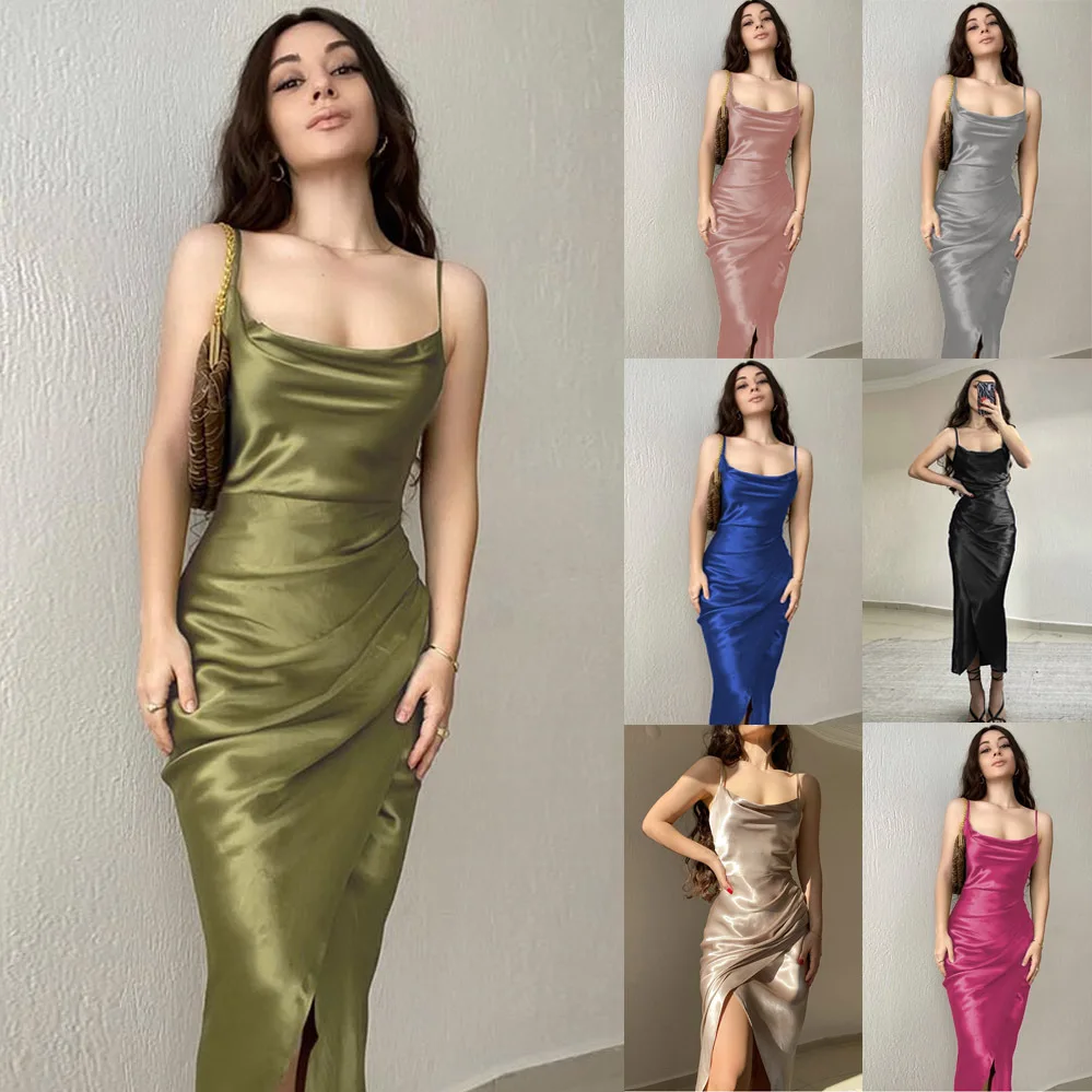 

2024 Spring Summer New Sexy Low Cut Satin Split Women Slim Slim Open Back Female Long Dresses