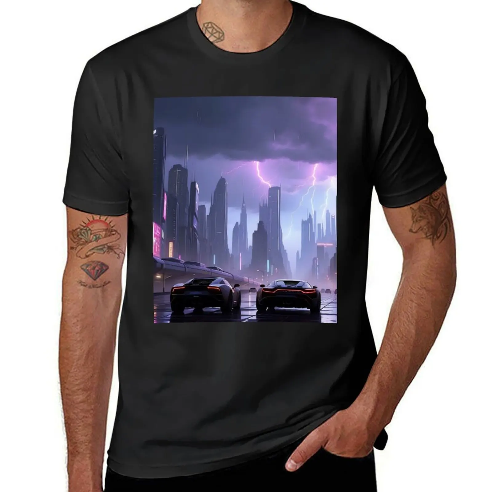 Futuristic cityscape with neon lights under stormy sky. T-Shirt plain boys whites t shirts men