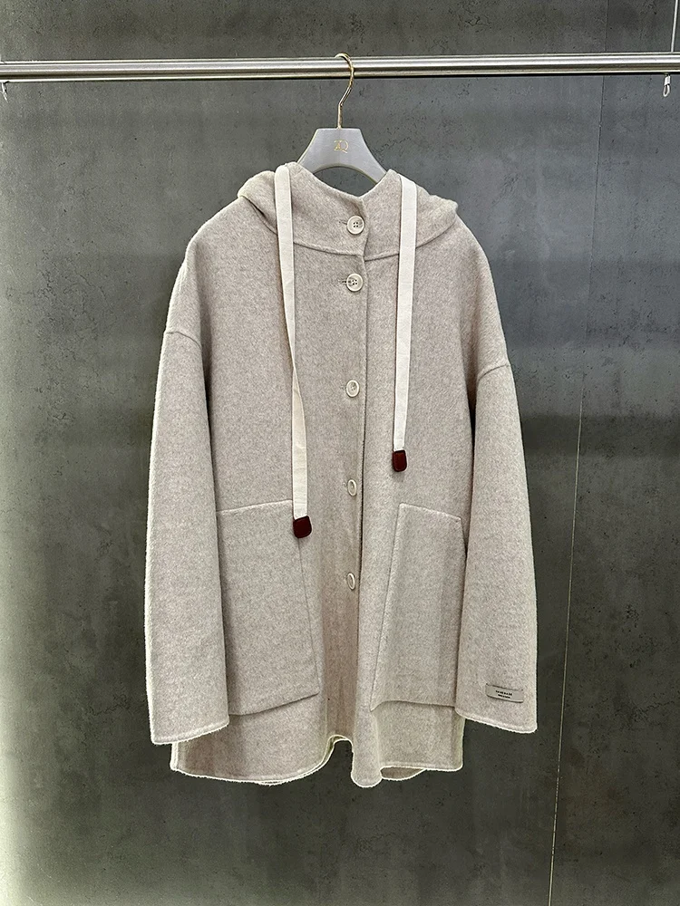 

ZQ Double-Faced Woolen Coat Casual Sle Long Sve Hooded Regular Length Single Button Closure Fem Youth Spring Season
