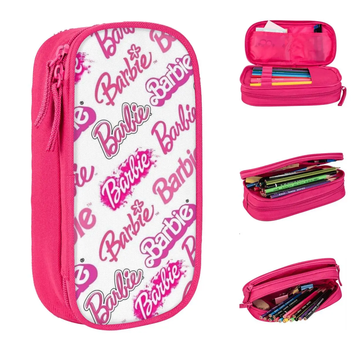 barbie padrao lapis cases bolsa de armazenamento grande para os alunos escola zipper papelaria rosa pen holder estudante 01