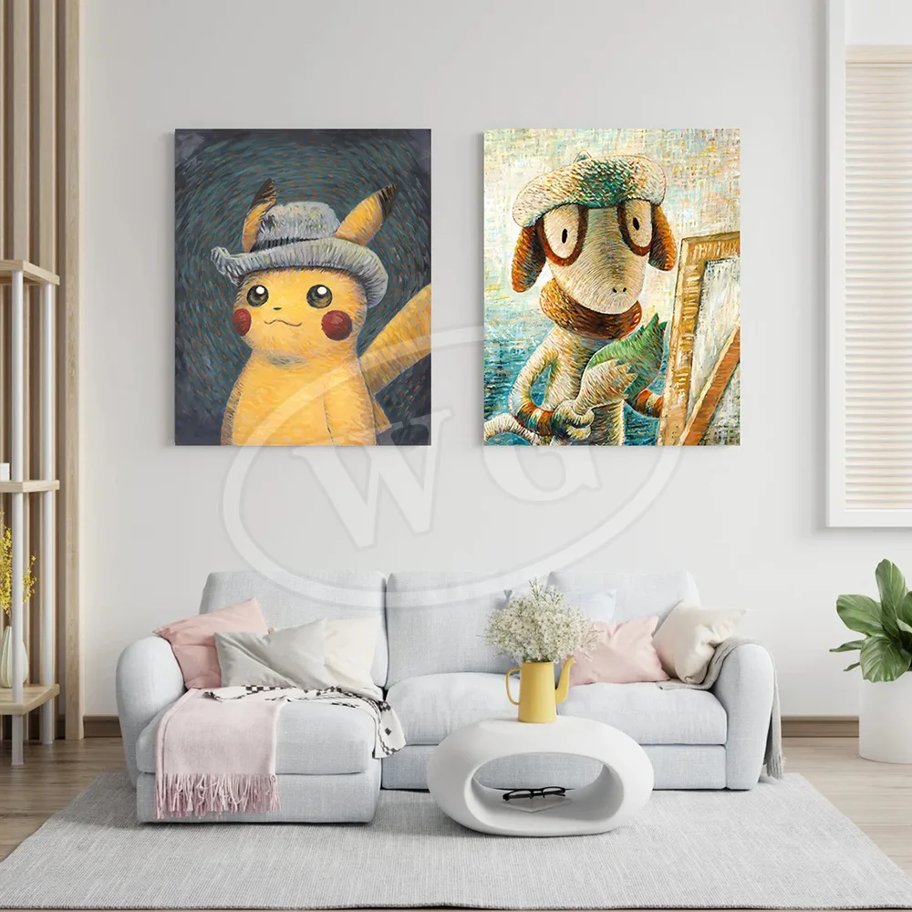 Van Gogh Museo Pokemon Anime Figure Pikachu Pittura ad acquerello Poster su tela e stampe Immagine di arte della parete per regali di Natale