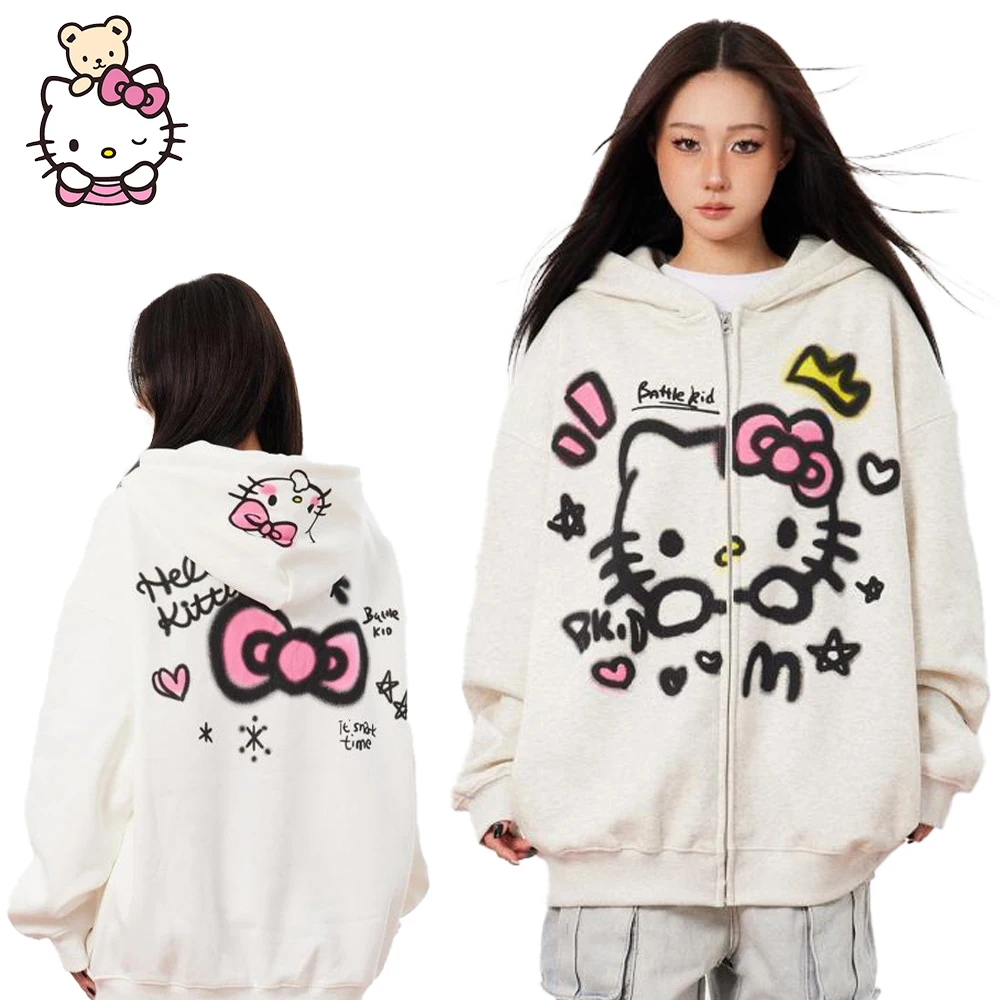 

Cartoon Y2K Hello Kitty Hoodie Oversized Sanrioed Women Sweatshirt Anime Spring Kawaii Tops Harajuku Coat Student Girls Cute