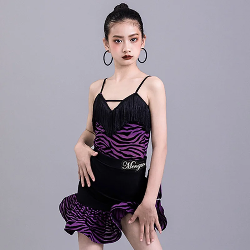 

Girls Latin Dance Dress Competition Wear Stripe Tassel Ruffles Tops Split Skirt Stage Performance Costume Practice Suit VDL121