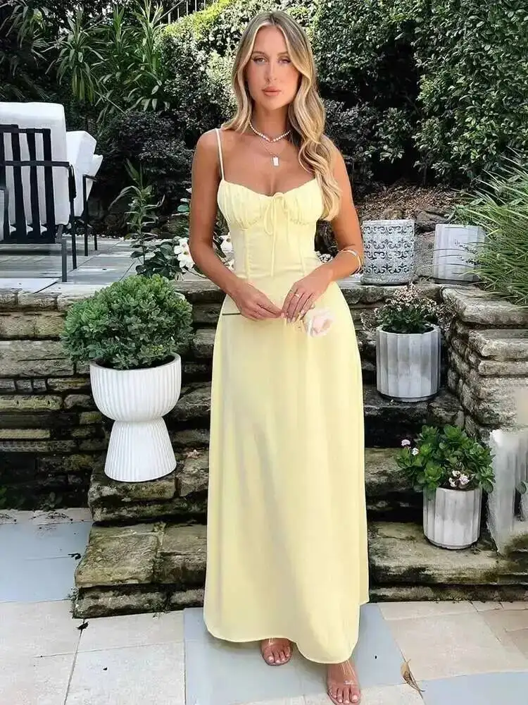 Elegant Maxi Long Waist Wrap A-line Dress Women Spaghetti Strap 2025 Spring Summer Dress Backless Sexy Party Dresses XRKG