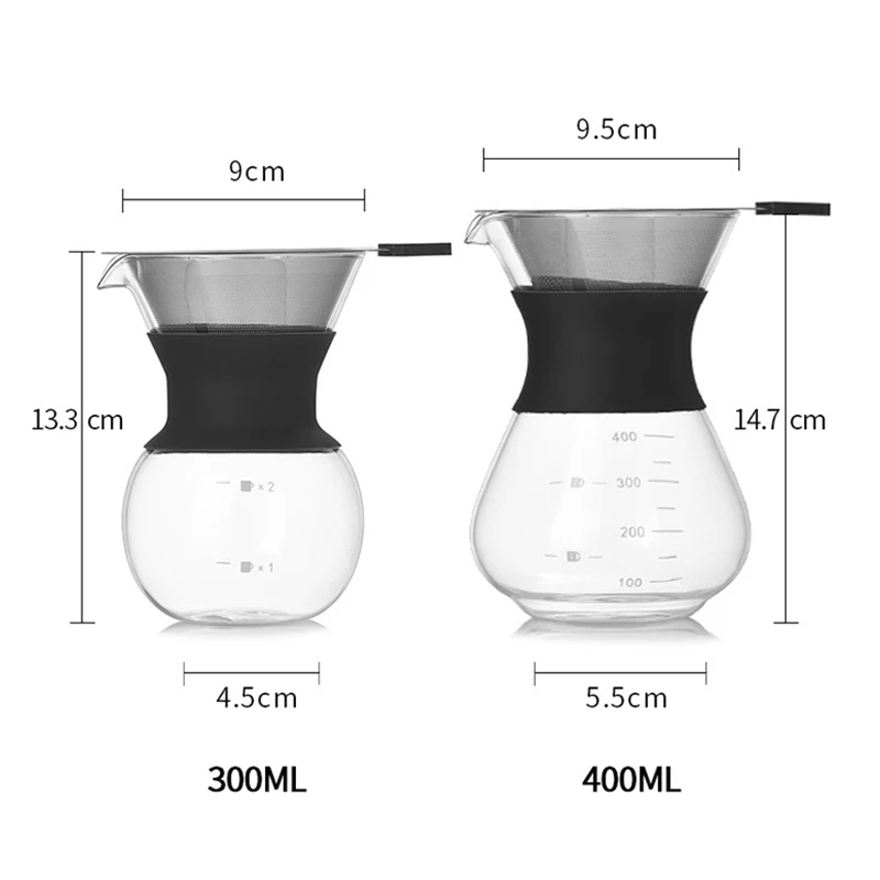 Pour Over Coffee Maker Set with Reusable Stainless Steel Filter Elegant Coffee Dripper Pot,Glass Carafe Permanent for Camping