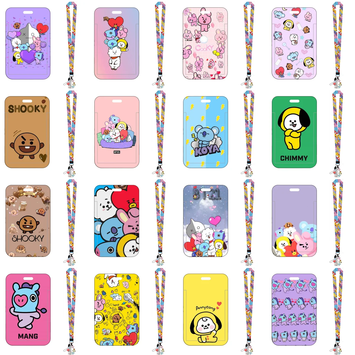 Kawaii Bt21 Anime ABS Card Holder Case with Long Lanyard Rj CHIMMY MANG COOKY Meal Bus Id Card Anti-Lost Protective Cover Sleeve