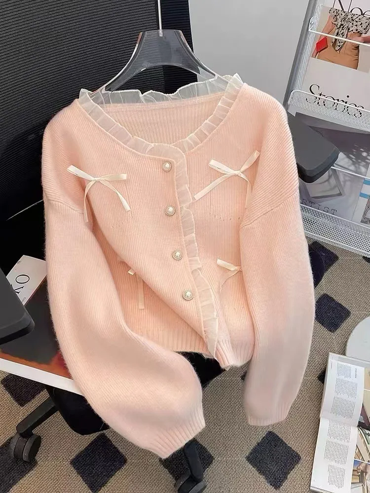 2024 Autumn Winter Women Long Sleeves Cardigan Sweet Lace Patchwork Ruffled Collar Bow Loose Knitted Cardigan Outwear