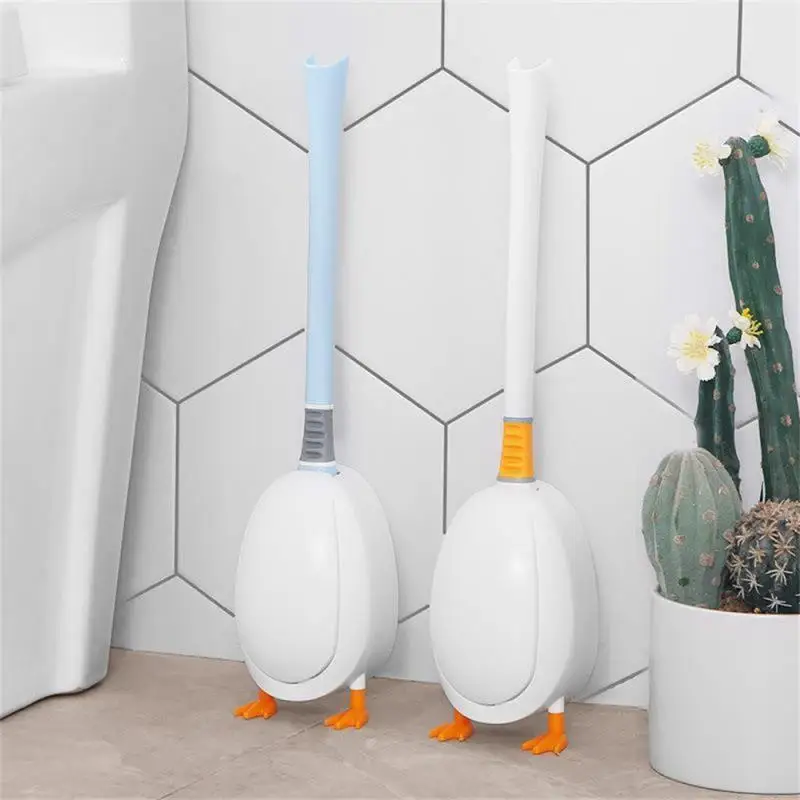 Cute Diving Duck Style Toilet Brush Wall-mounted Floor-Standing  Silicone Toilet Brush with Base Bathroom Cleaning Brush Set