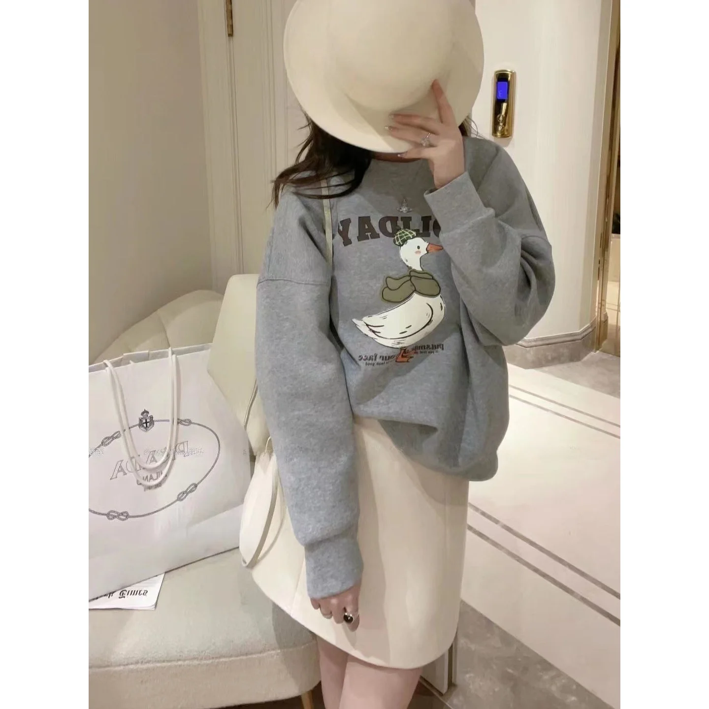 

Loose Long Sleeve round Neck Pullover Hoodie Women's Spring Autumn Winter Short Layering Sweatshirt Small Size Korean Style Top
